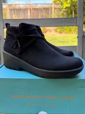 Bzees Black Fabric Wedge Ankle Boot with Wrap Tie Detail